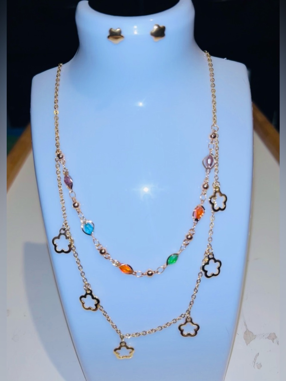 Multi-Color Floral Charm Layered Necklace – Gold Tone